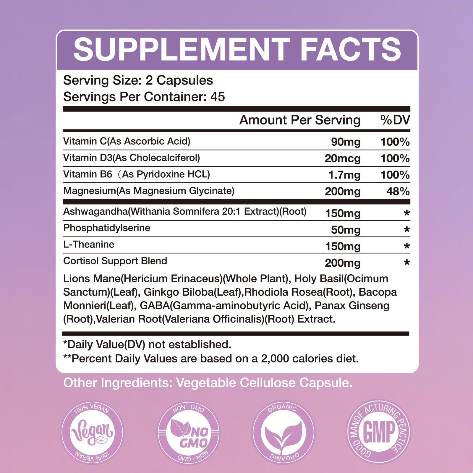 Ingredients including Magnesium Glycinate, Ashwagandha and L-Theanine