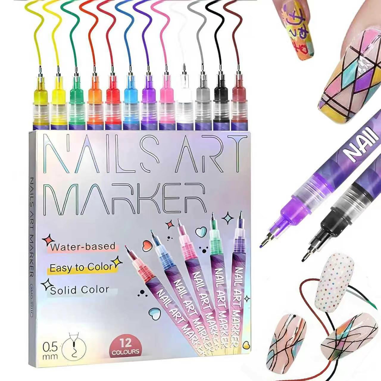 Wcatea 12-color nail art pens close-up cap showing precise 0.5mm tip for sharp lines.