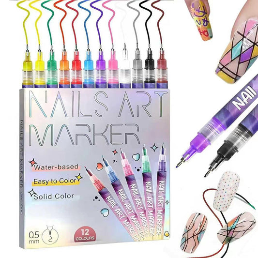 Wcatea 12-color nail art pens close-up cap showing precise 0.5mm tip for sharp lines.