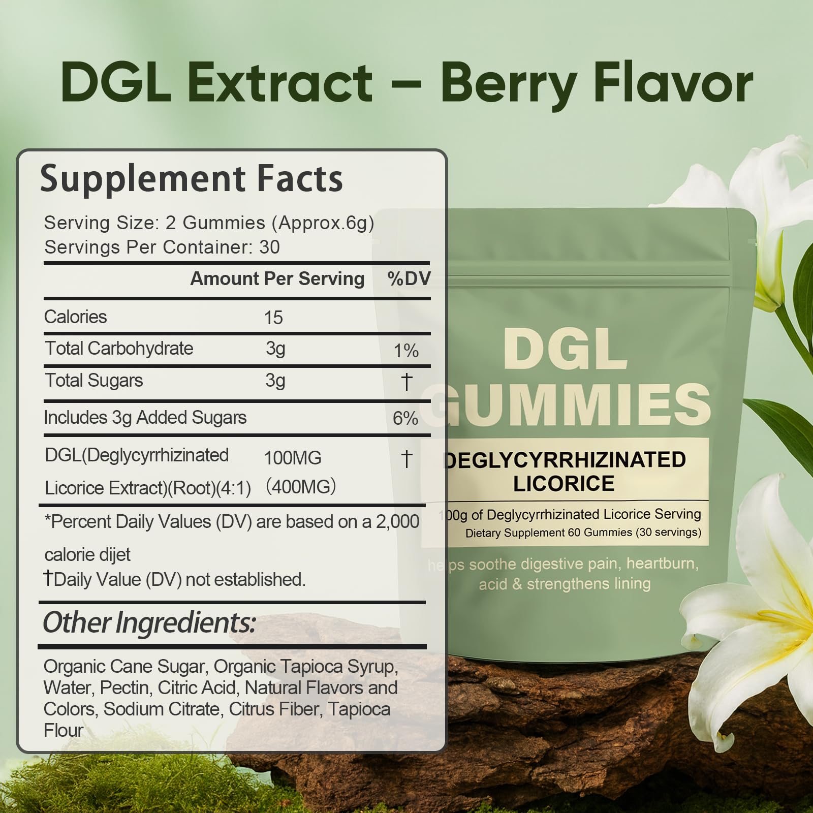 Berry flavored WDVNEX DGL Gummies on white background