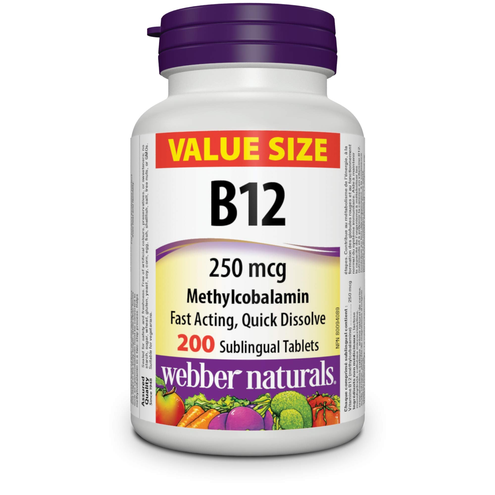 Bottle of Webber Naturals Vitamin B12 250 mcg methylcobalamin sublingual tablets
