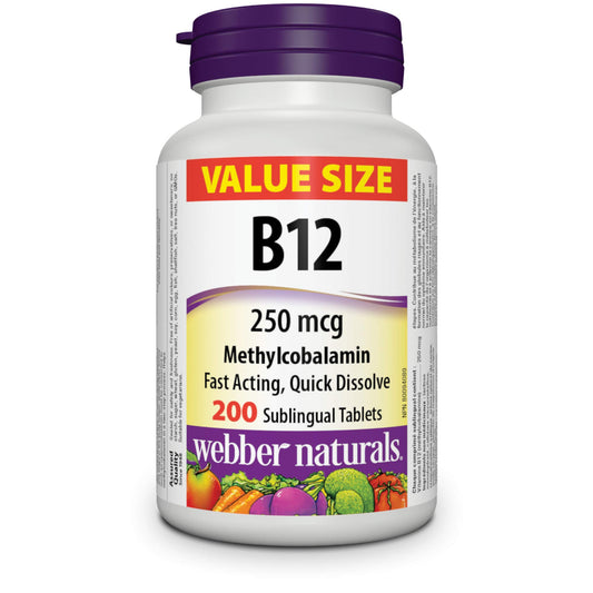 Bottle of Webber Naturals Vitamin B12 250 mcg methylcobalamin sublingual tablets