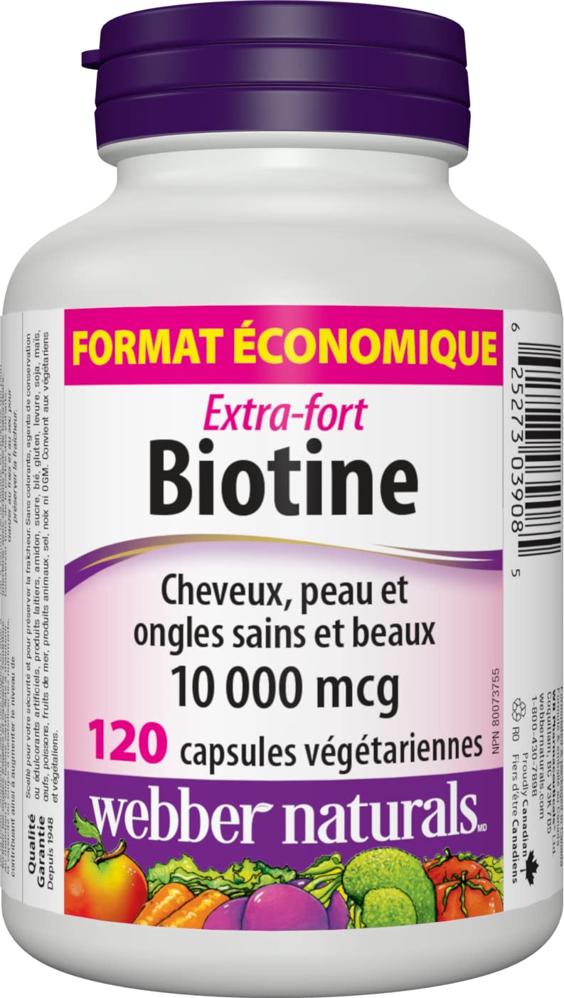 Close-up of Webber Naturals Biotin 10,000 mcg label
