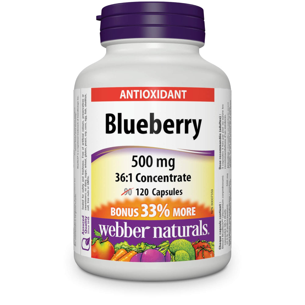 Front view of Webber Naturals Blueberry 36:1 Concentrate Capsule bottle