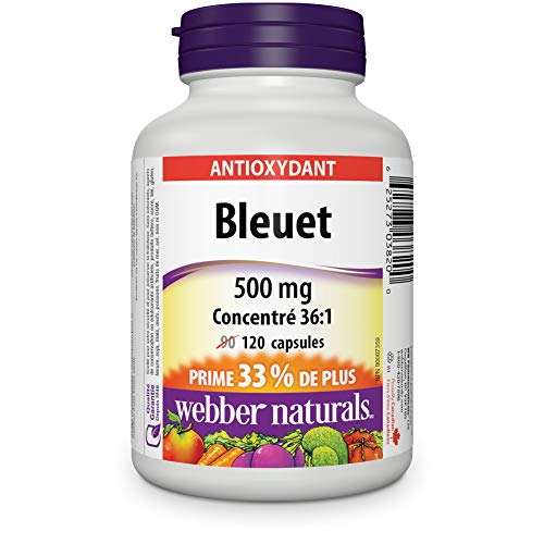 Close-up of bottle and label for Webber Naturals Blueberry 36:1 Concentrate Capsule