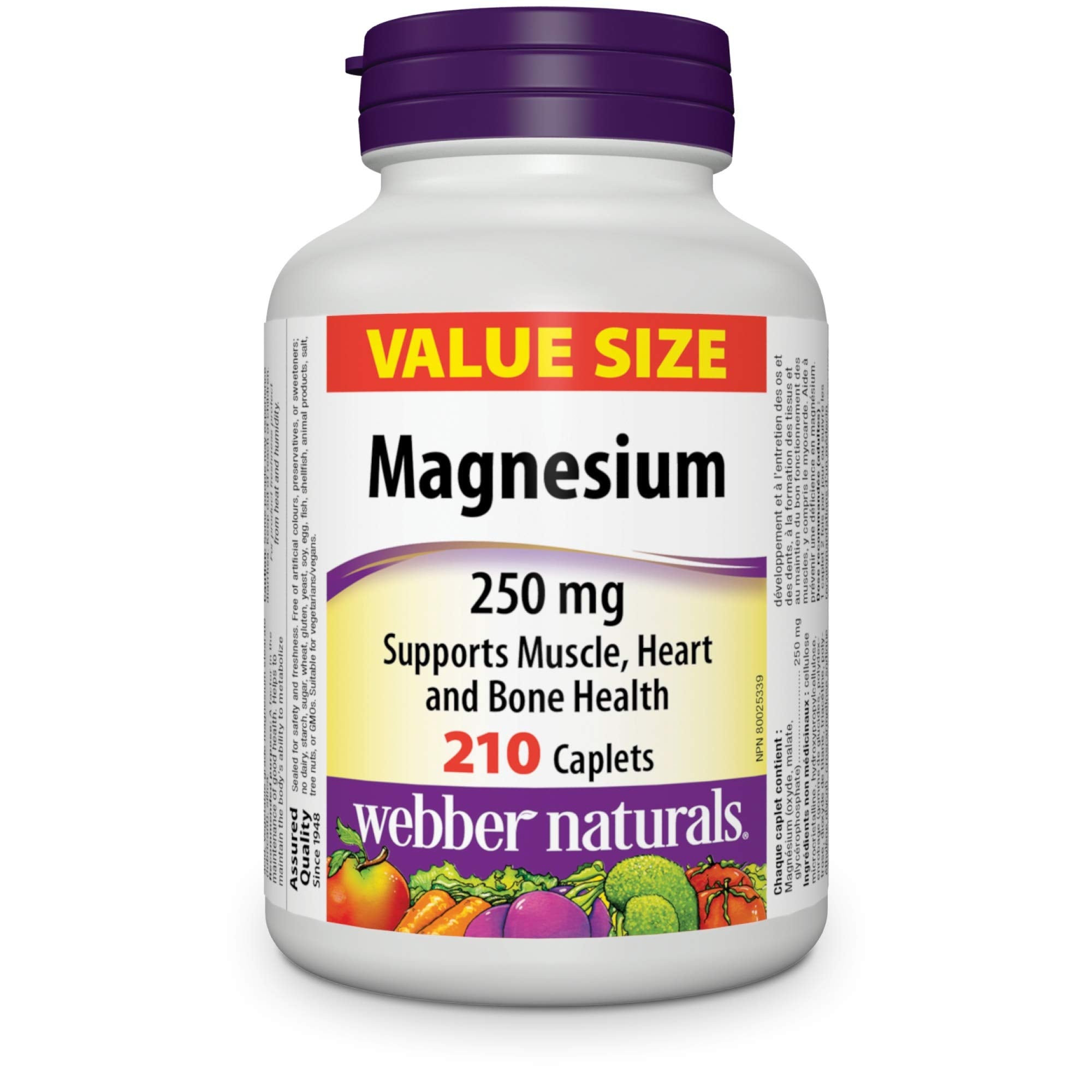 Front view of Webber Naturals Magnesium 250 mg bottle with 210 caplets – value size