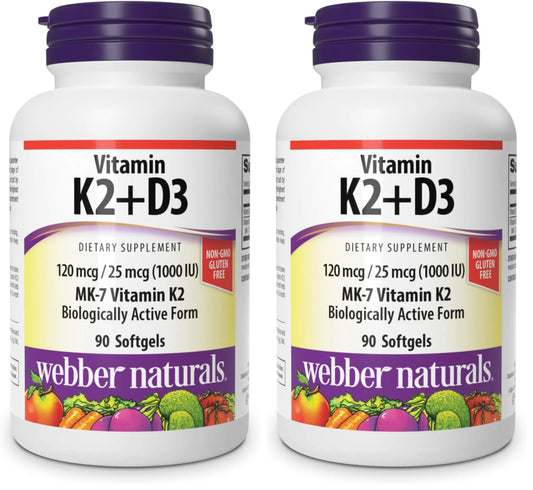 Front view of Webber Naturals Vitamin K2 MK-7 + D3 bottle (Pack of 2)