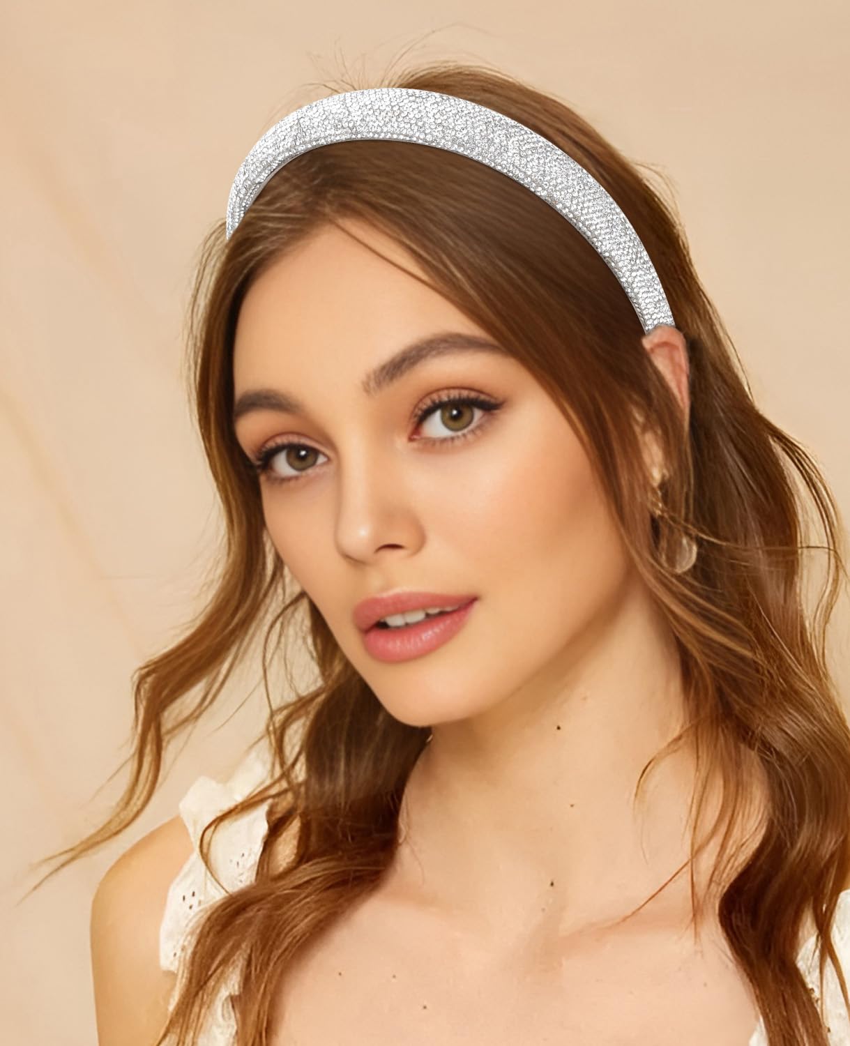 Wecoe rhinestone headband black front view brings dramatic sparkle to evening looks.