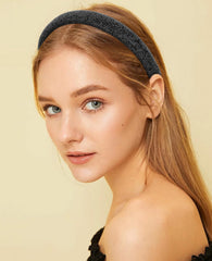 Wecoe rhinestone headband black side view pairs with party outfits.