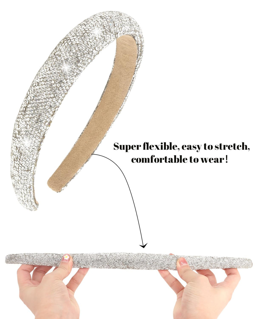 Wecoe rhinestone headband closeup glitter highlights intricate rhinestones.