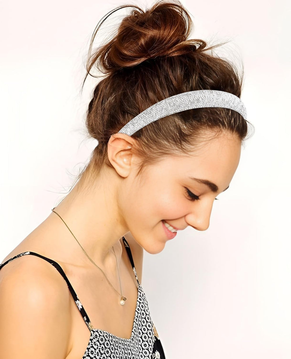 Wecoe rhinestone headband silver side view enhances everyday outfits with subtle shine.