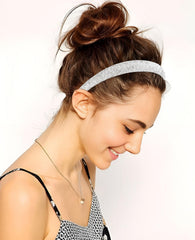 Wecoe rhinestone headband silver side view enhances everyday outfits with subtle shine.