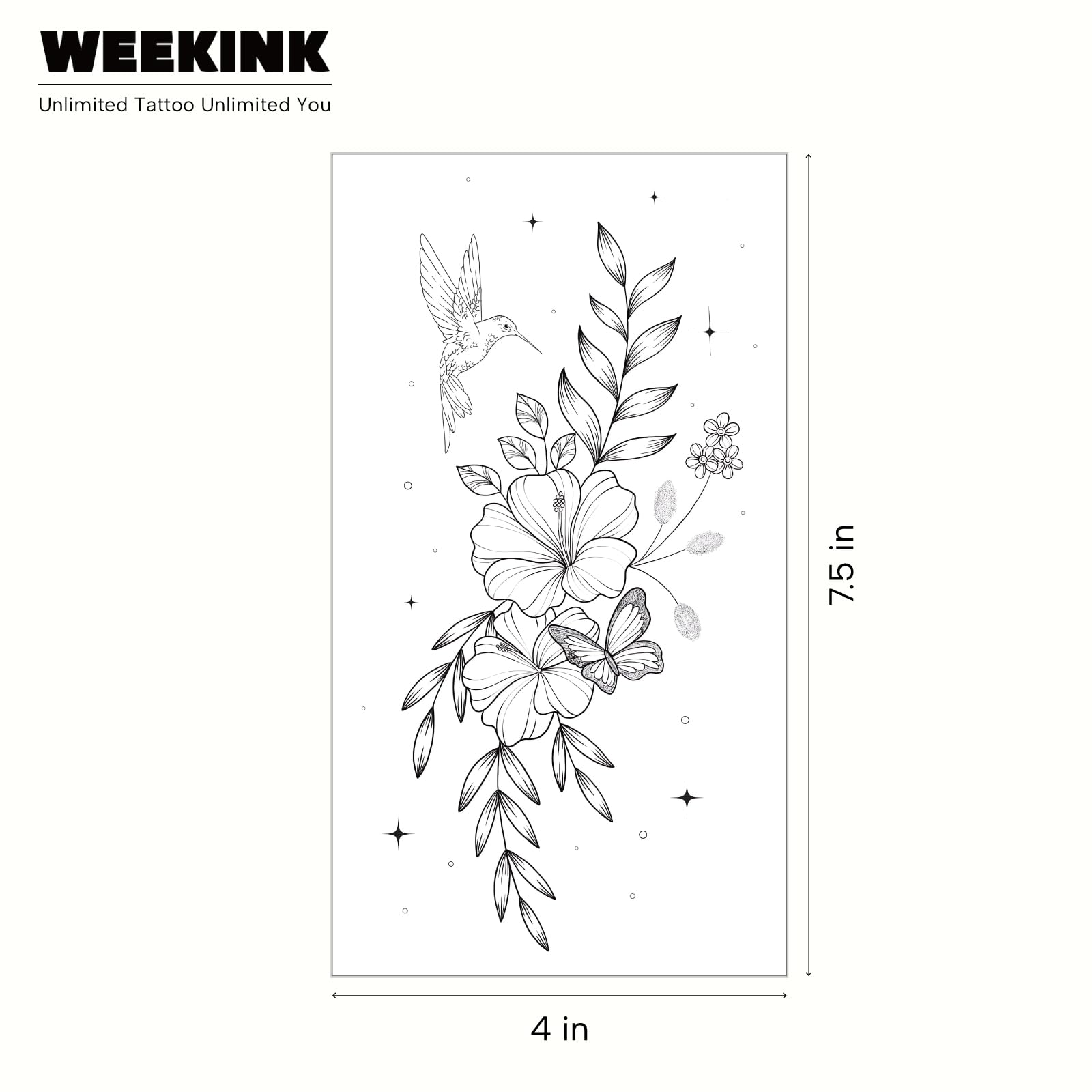 WEEKINK fine-line blackwork detailing with delicate petals and wings.