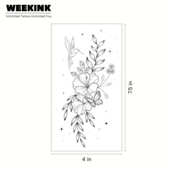 WEEKINK fine-line blackwork detailing with delicate petals and wings.