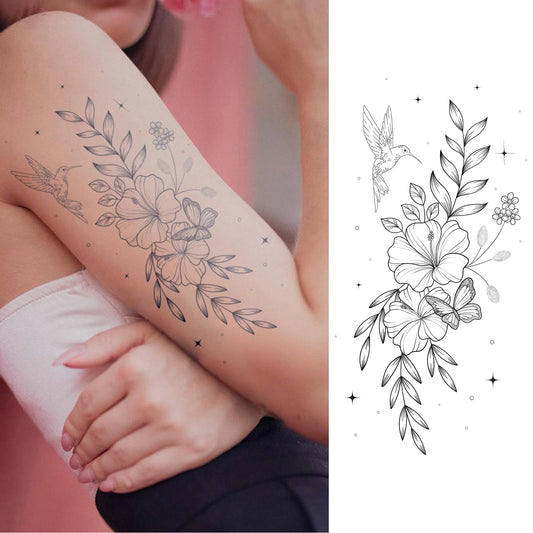 WEEKINK hibiscus flower tattoo with fine lines, ideal for arm or spine placement.