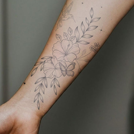 WEEKINK hummingbird and butterfly floral vine for natural movement on skin.