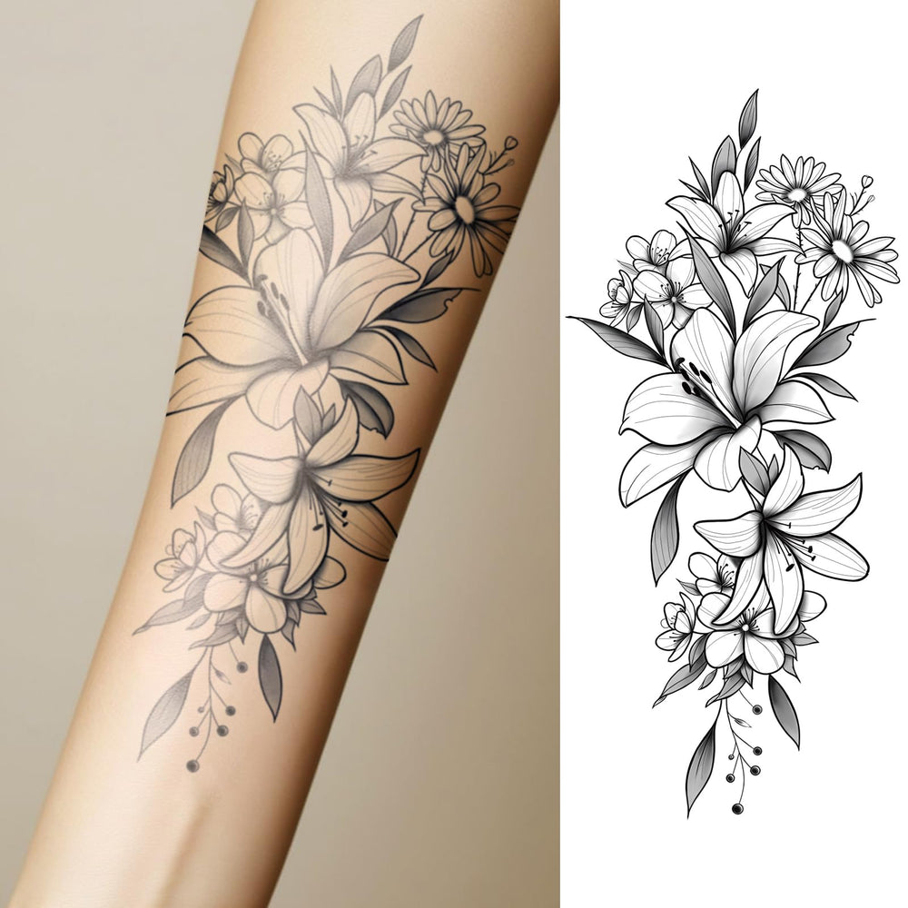 WEEKINK lily-sunflower tattoo on arm; elegant fine-line design