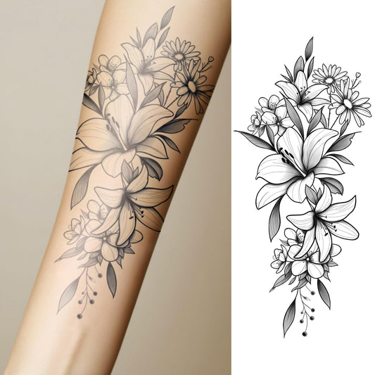 WEEKINK lily-sunflower tattoo on arm; elegant fine-line design