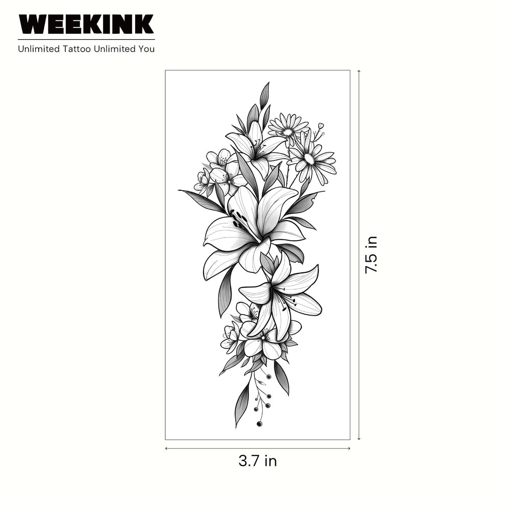 WEEKINK lily-sunflower tattoo on thigh; bold yet subtle statement
