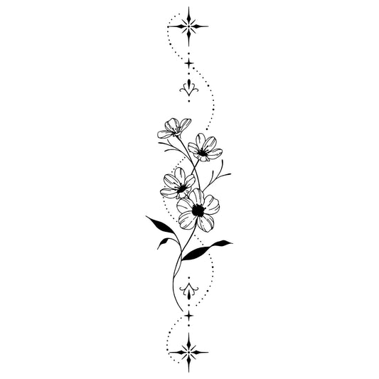 Weekink Spine Flower Tattoo back view with vertical florals for a refined, long-lasting look.