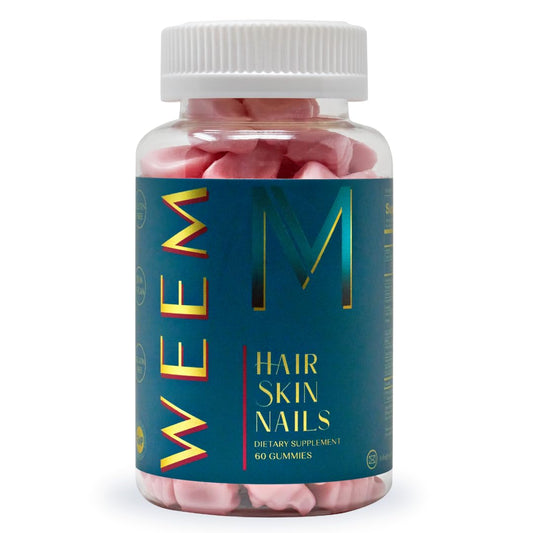 Bottle of WEEM Hair Skin Nails Gummies with label visible