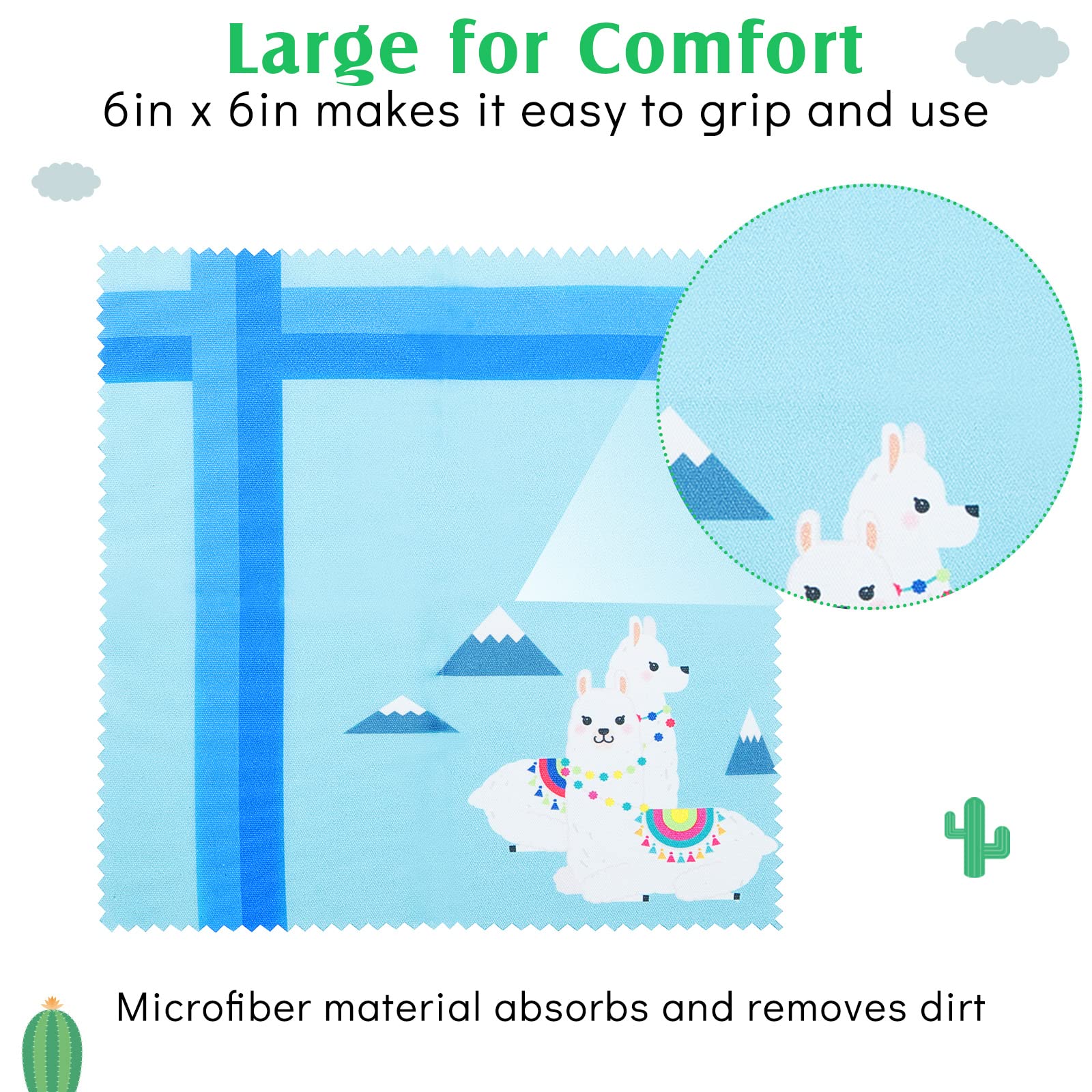 Close-up of llama-themed cleaning cloths showing microfiber texture