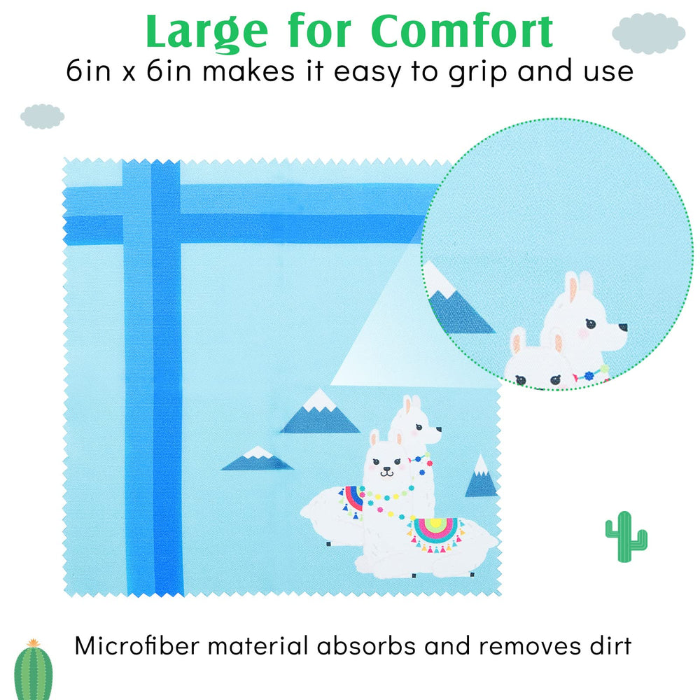 Close-up of llama-themed cleaning cloths showing microfiber texture