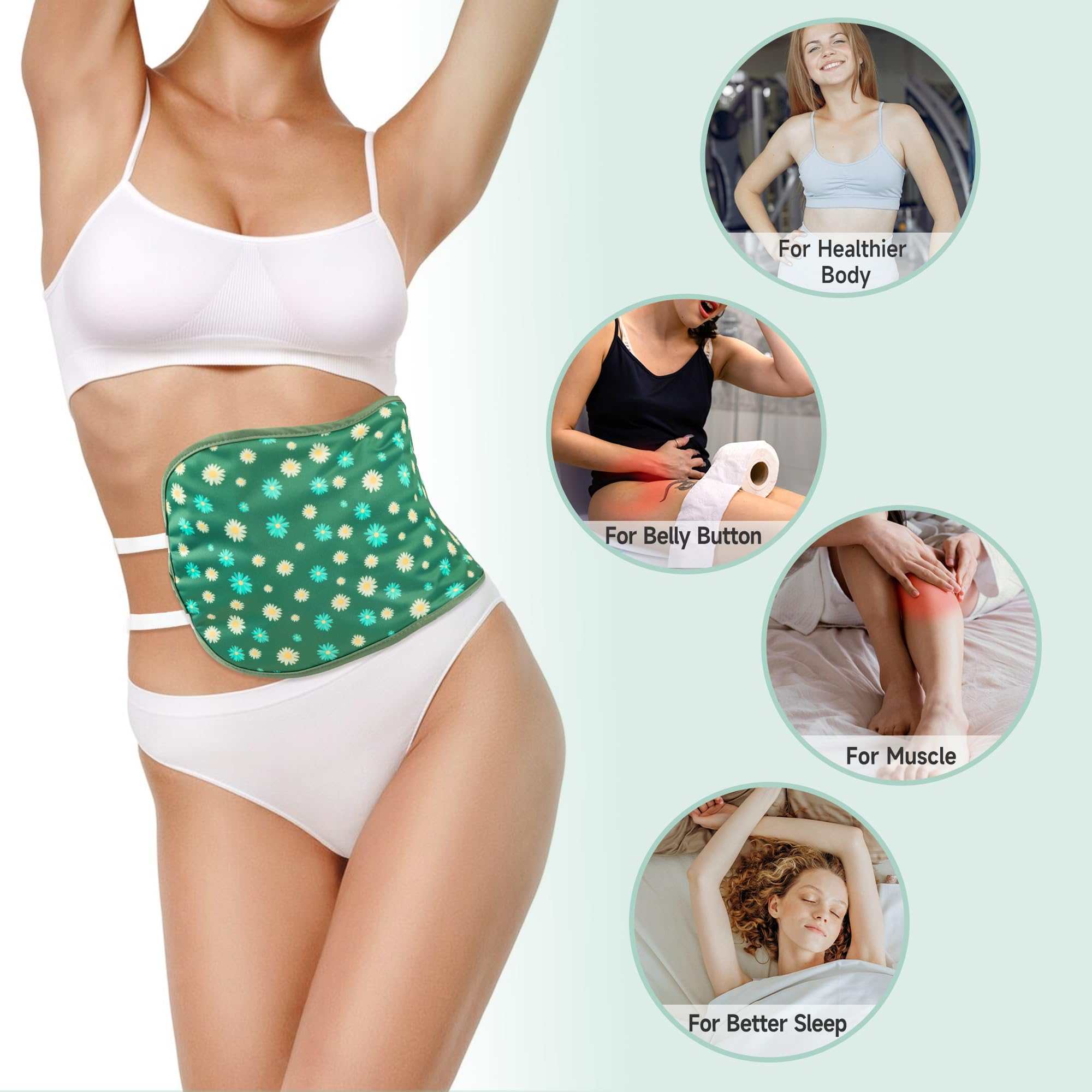 Person wearing castor oil pack wrap around abdomen