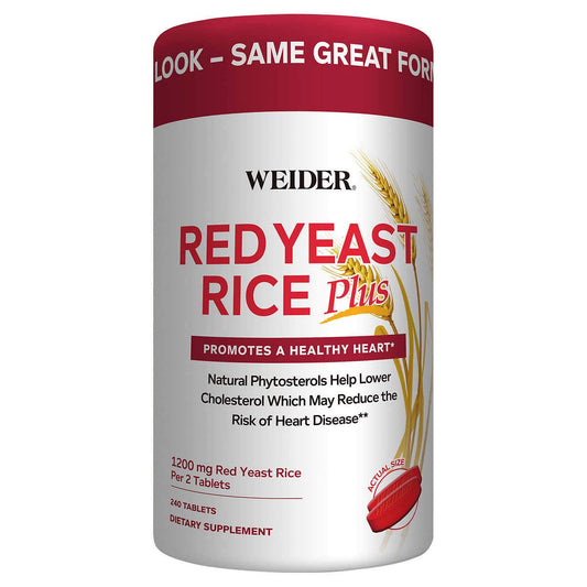 Front view of Weider Red Yeast Rice Plus 2-Pack bottle and packaging