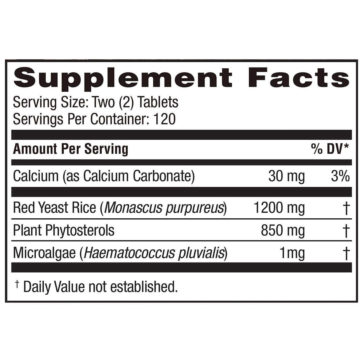 Weider Red Yeast Rice Plus bottle label highlighting phytosterols and microalgae antioxidant
