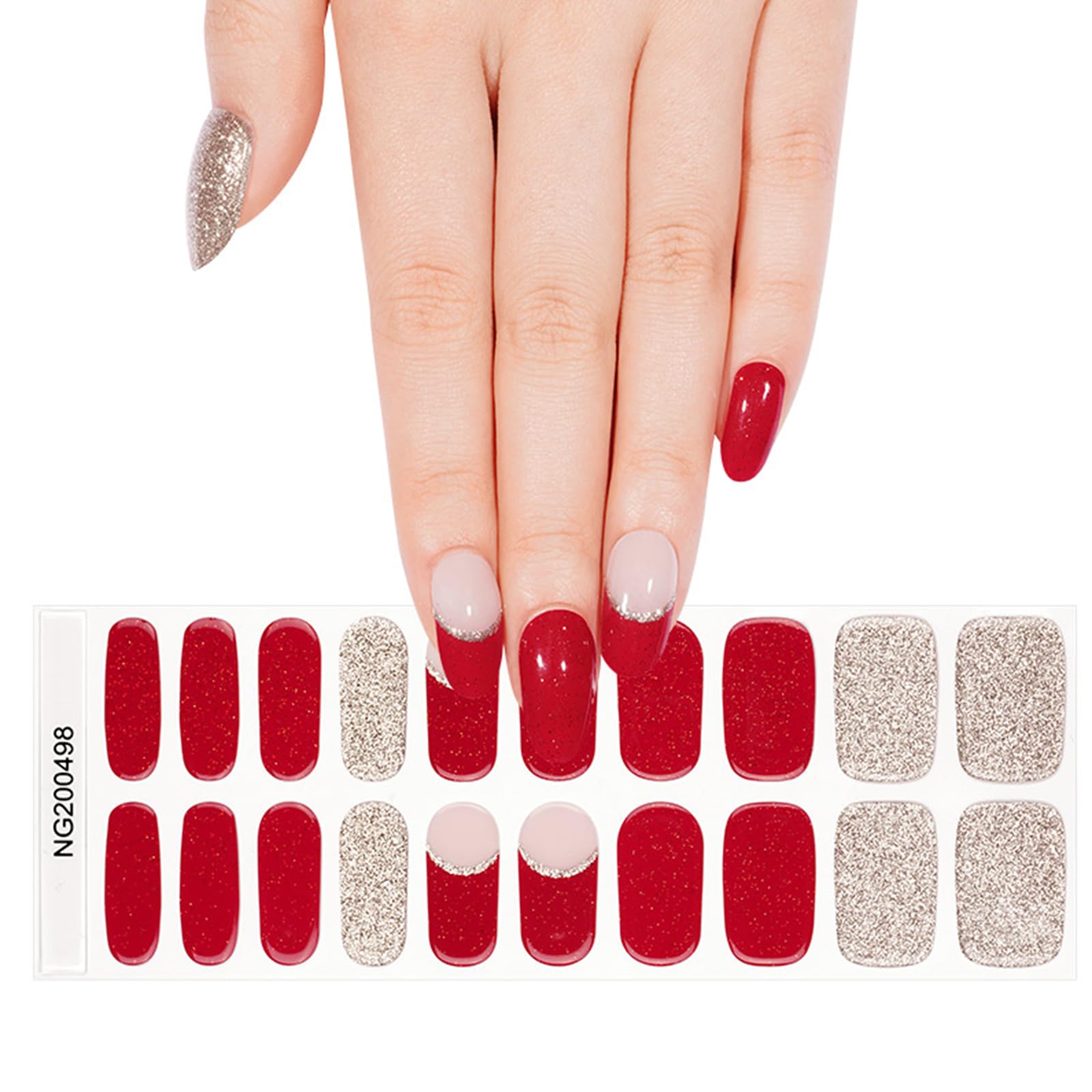 WEKCEKCEK glittery red gold nail stickers close-up showing vibrant sparkle