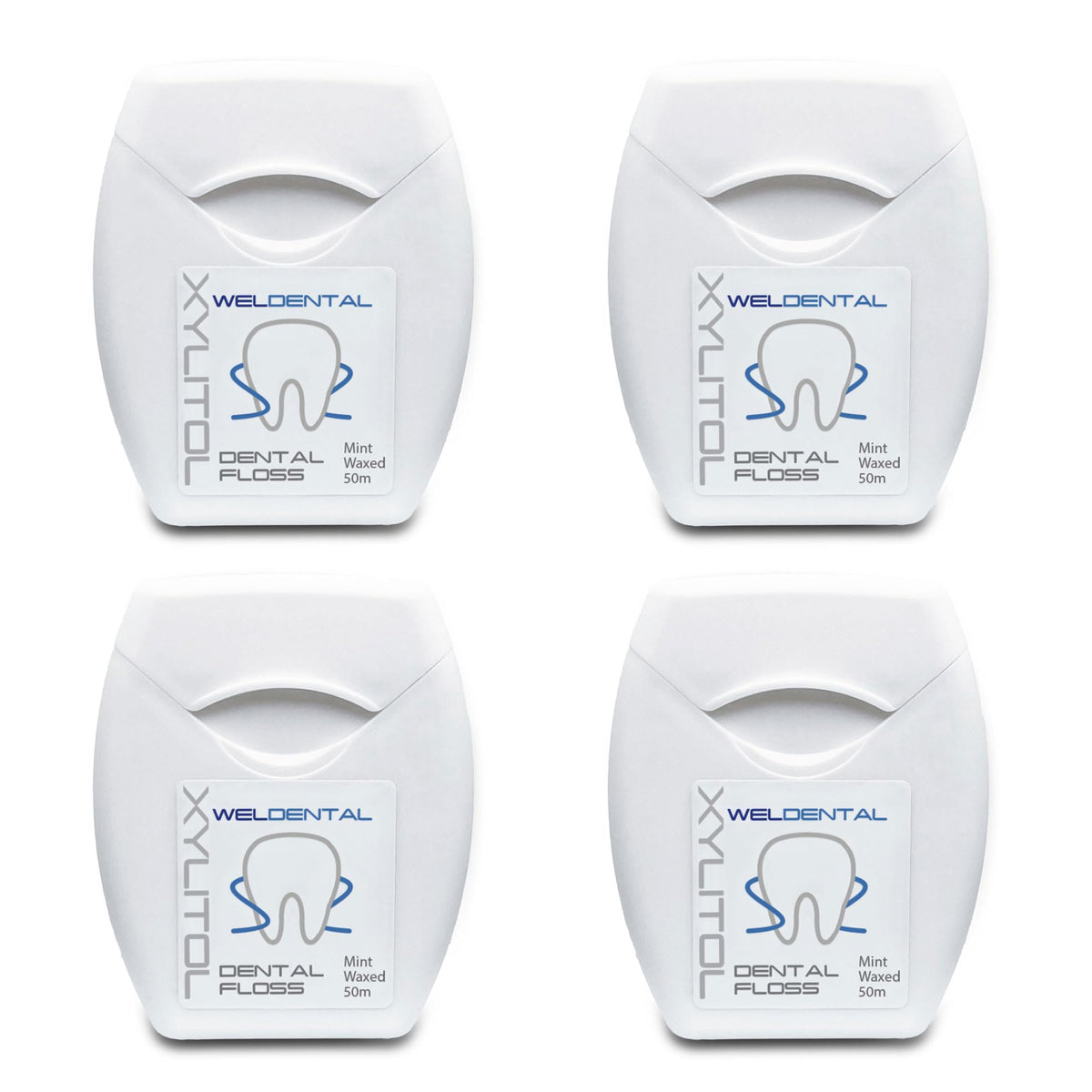 Weldental Xylitol Dental Floss 50m (4-pack) – product shot with packaging