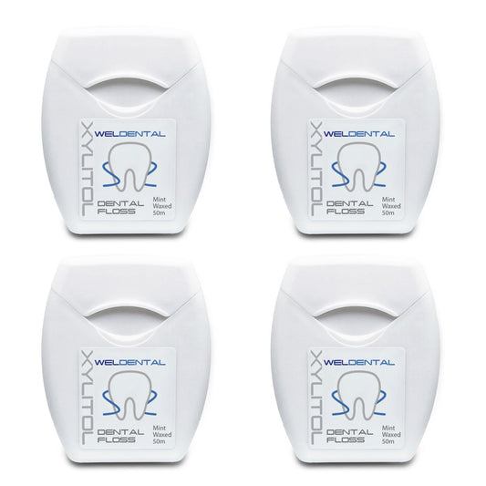 Weldental Xylitol Dental Floss 50m (4-pack) – product shot with packaging