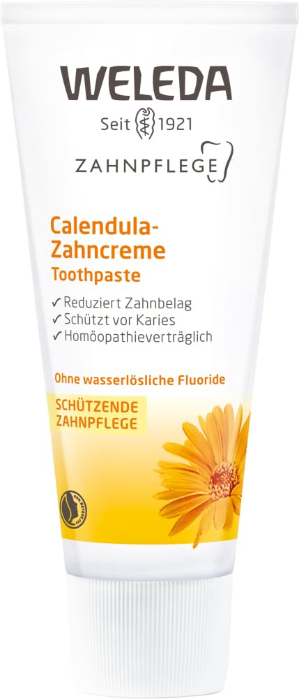 Close-up of Weleda Calendula Toothpaste packaging highlighting natural ingredients