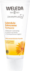 Close-up of Weleda Calendula Toothpaste packaging highlighting natural ingredients