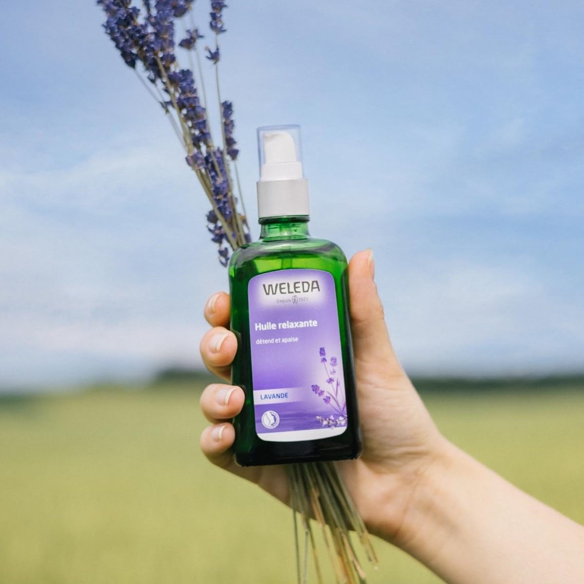 Lavender essential oil with bottle label detail