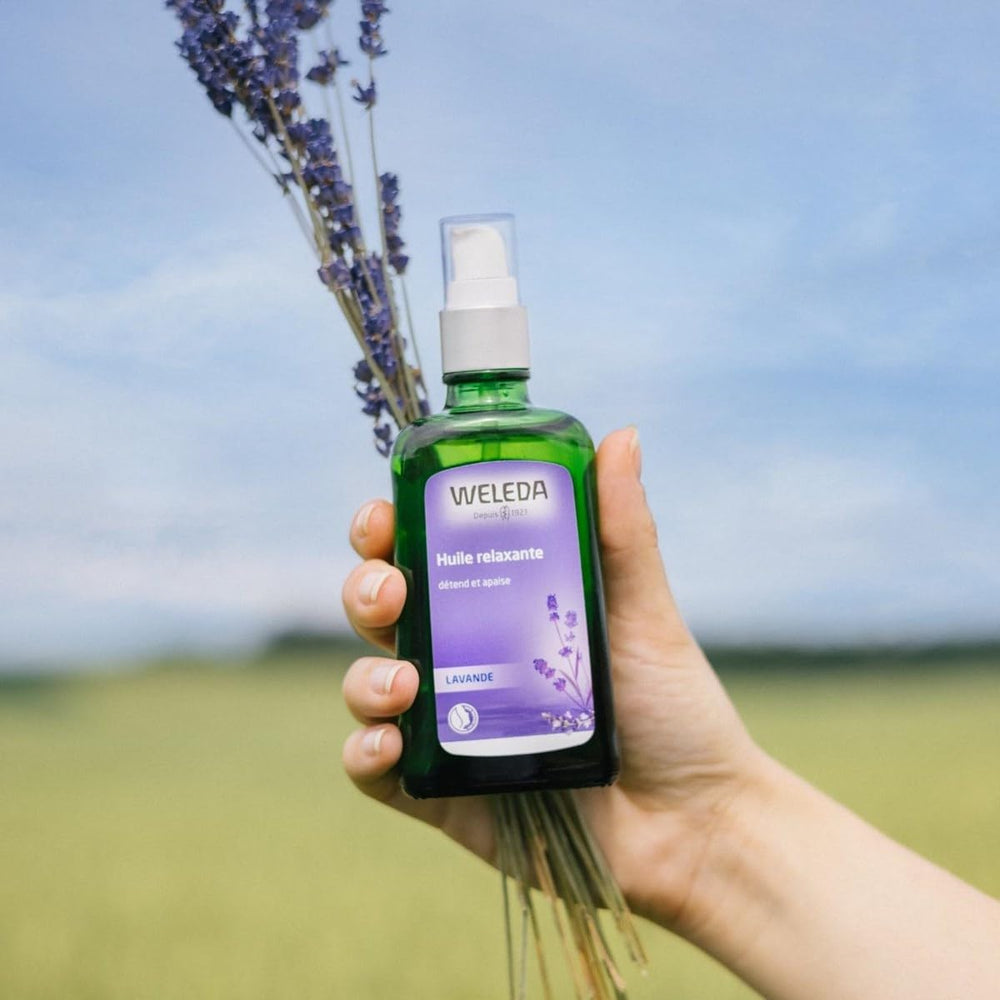 Lavender essential oil with bottle label detail