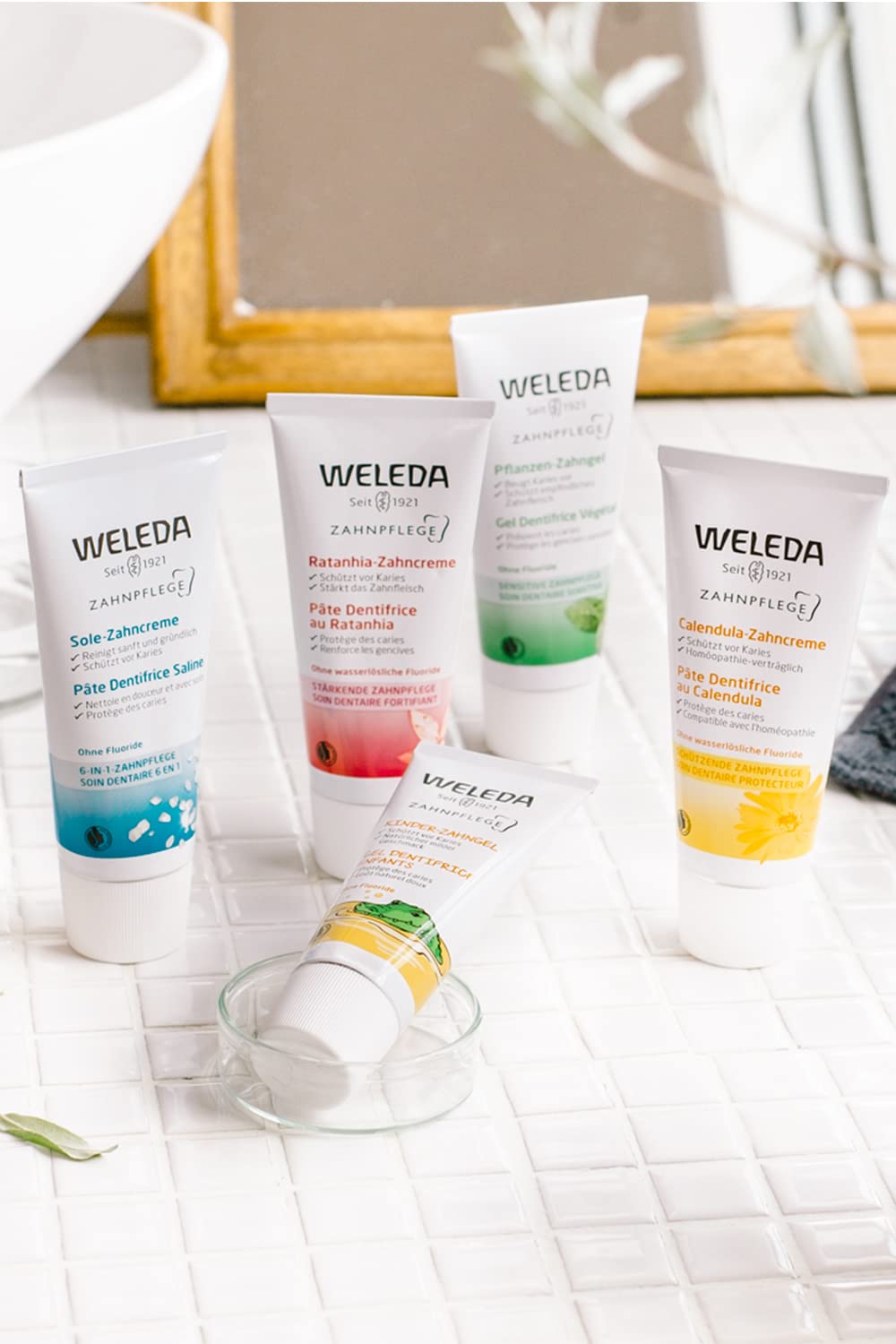 Close-up of Weleda Ratanhia toothpaste tube