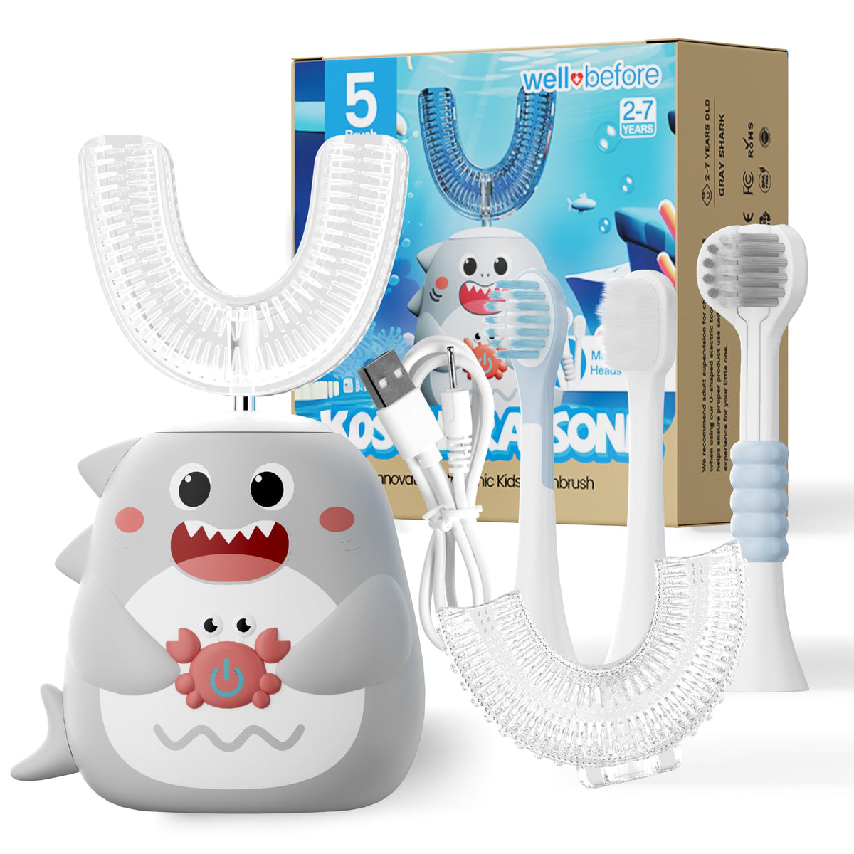 Front view of Well Before Ultrasonic Kid's U-Shaped Toothbrush in Shark Grey
