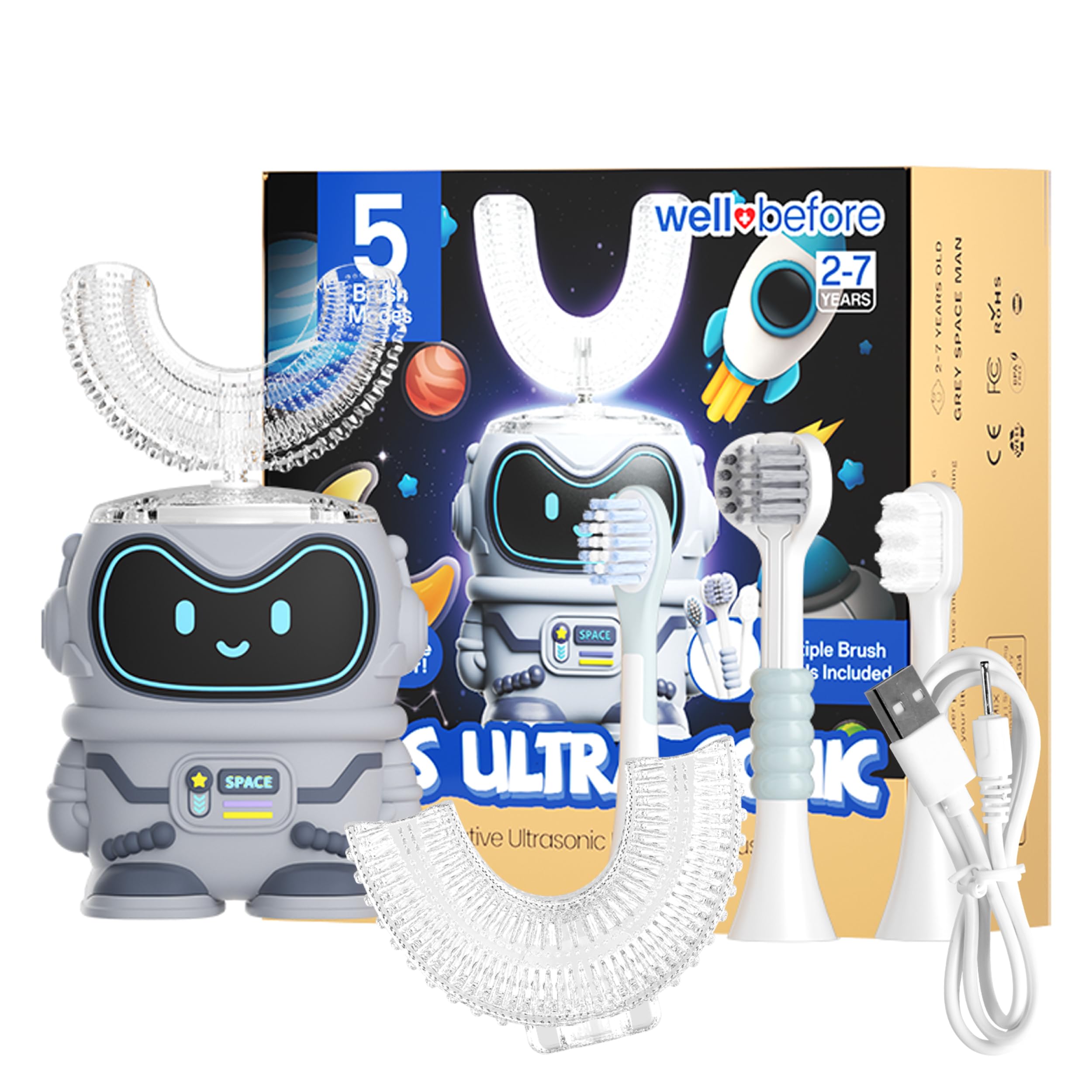 Well Before Ultrasonic Kid's U-Shaped Toothbrush - Spaceman Grey, front view
