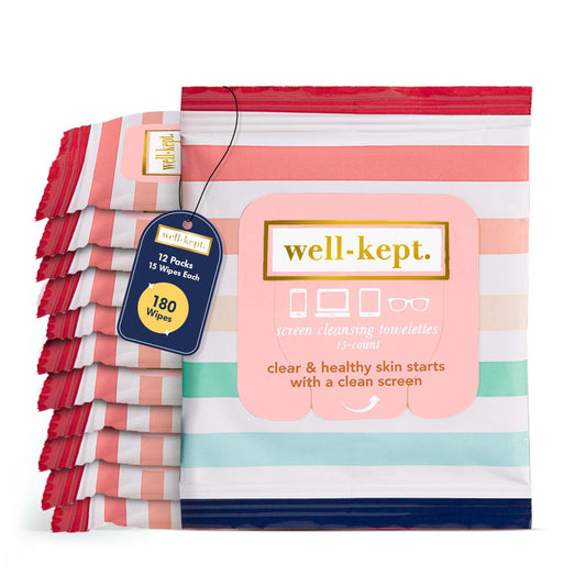 Well-Kept Tech and Lens Wipes packaging 12 pack with rainbow-striped towelettes