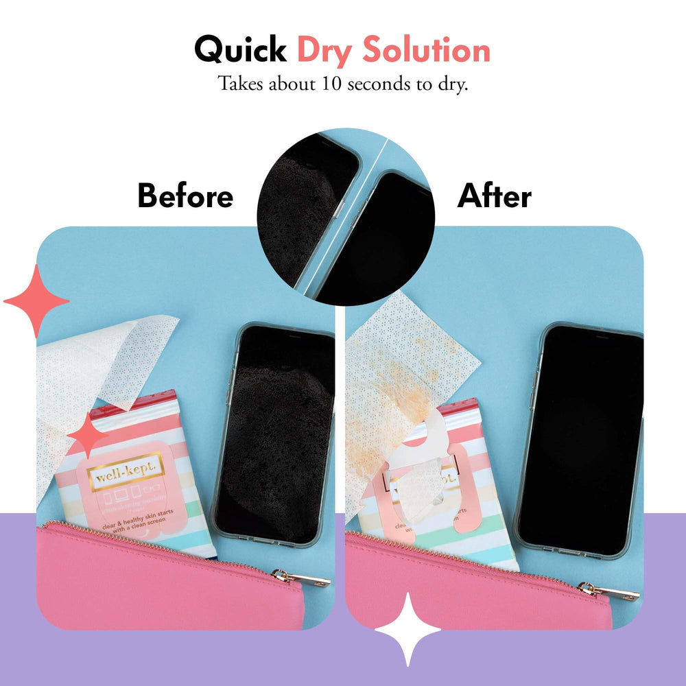 Smartphone and laptop being cleaned with Well-Kept lens wipes