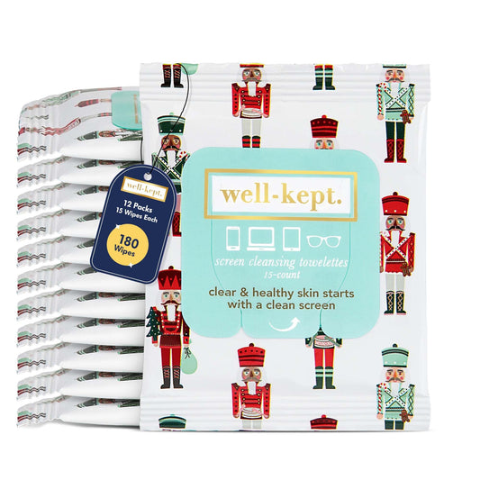 Front view of Well-Kept Tech & Lens Wipes 12-pack packaging