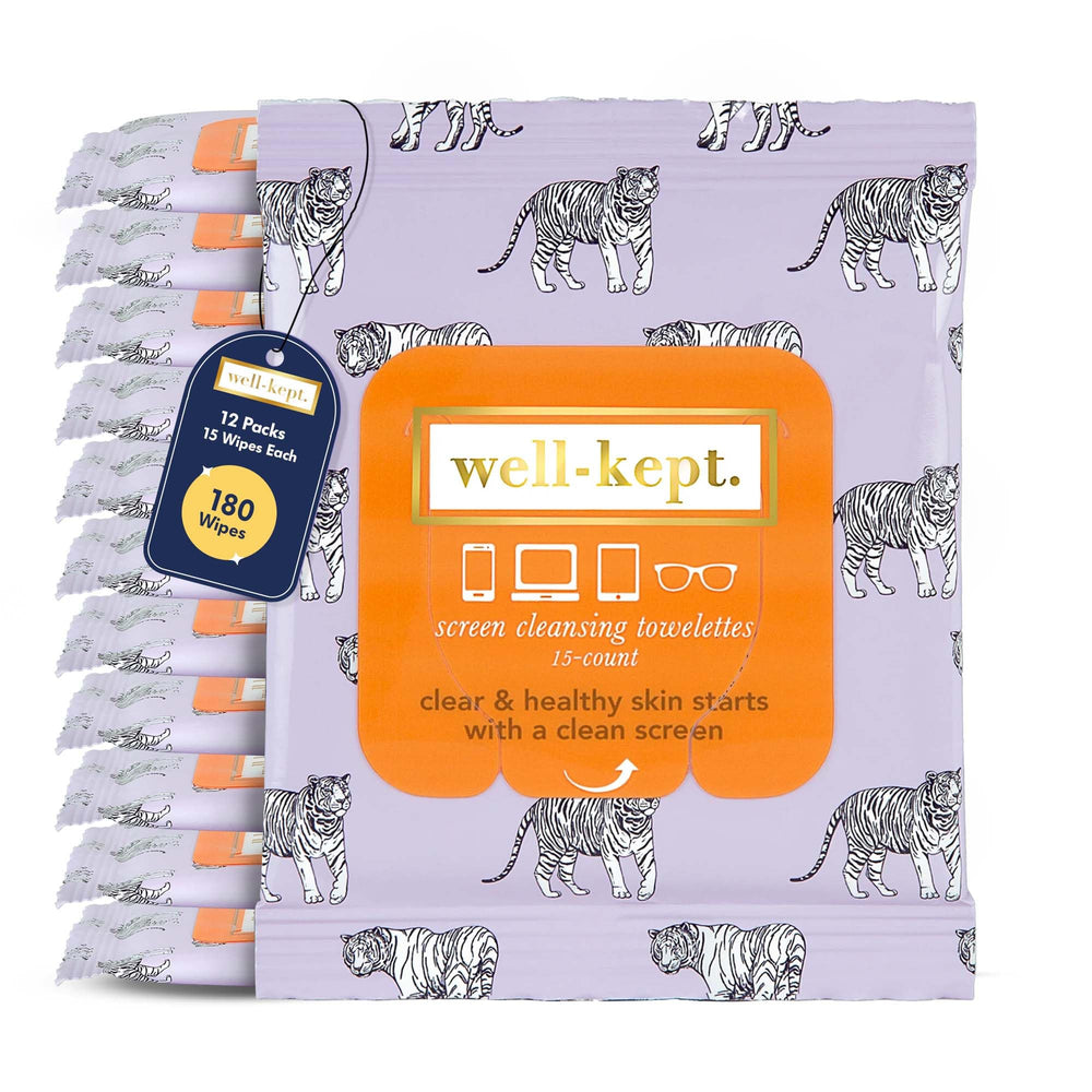 Well-Kept Tech & Lens Wipes hero image showing the 12-pack with Tiger Pose