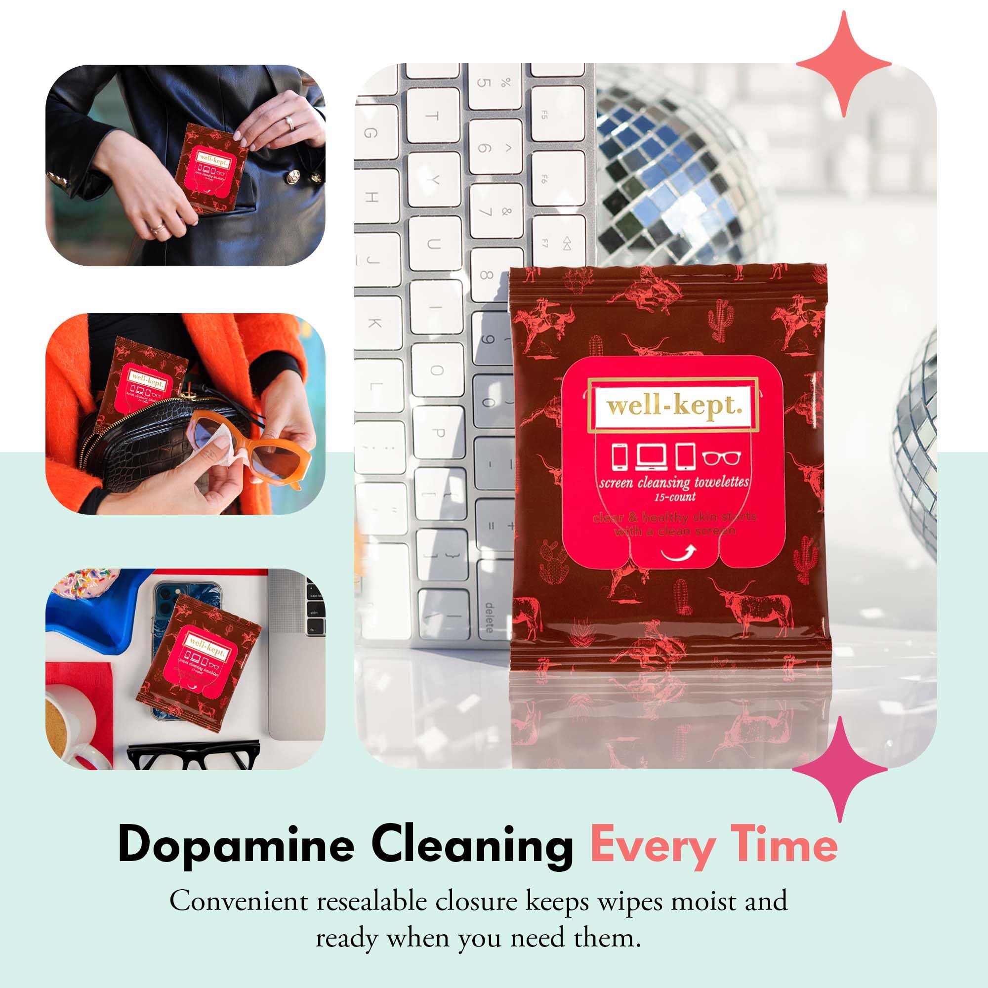 Smartphone screen being cleaned with Well-Kept wipes