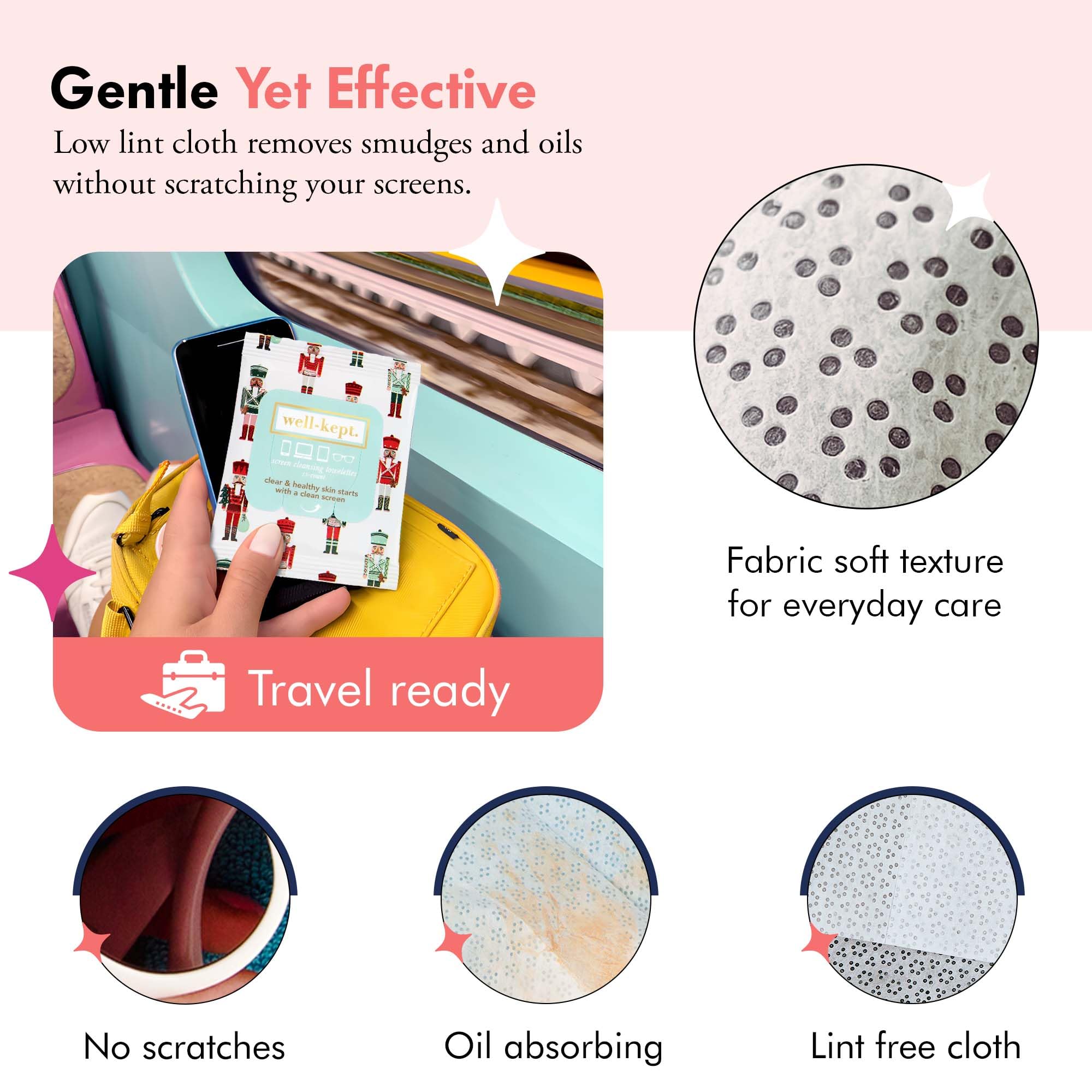 Multi-surface cleaning with Well-Kept wipes on keyboard and lens