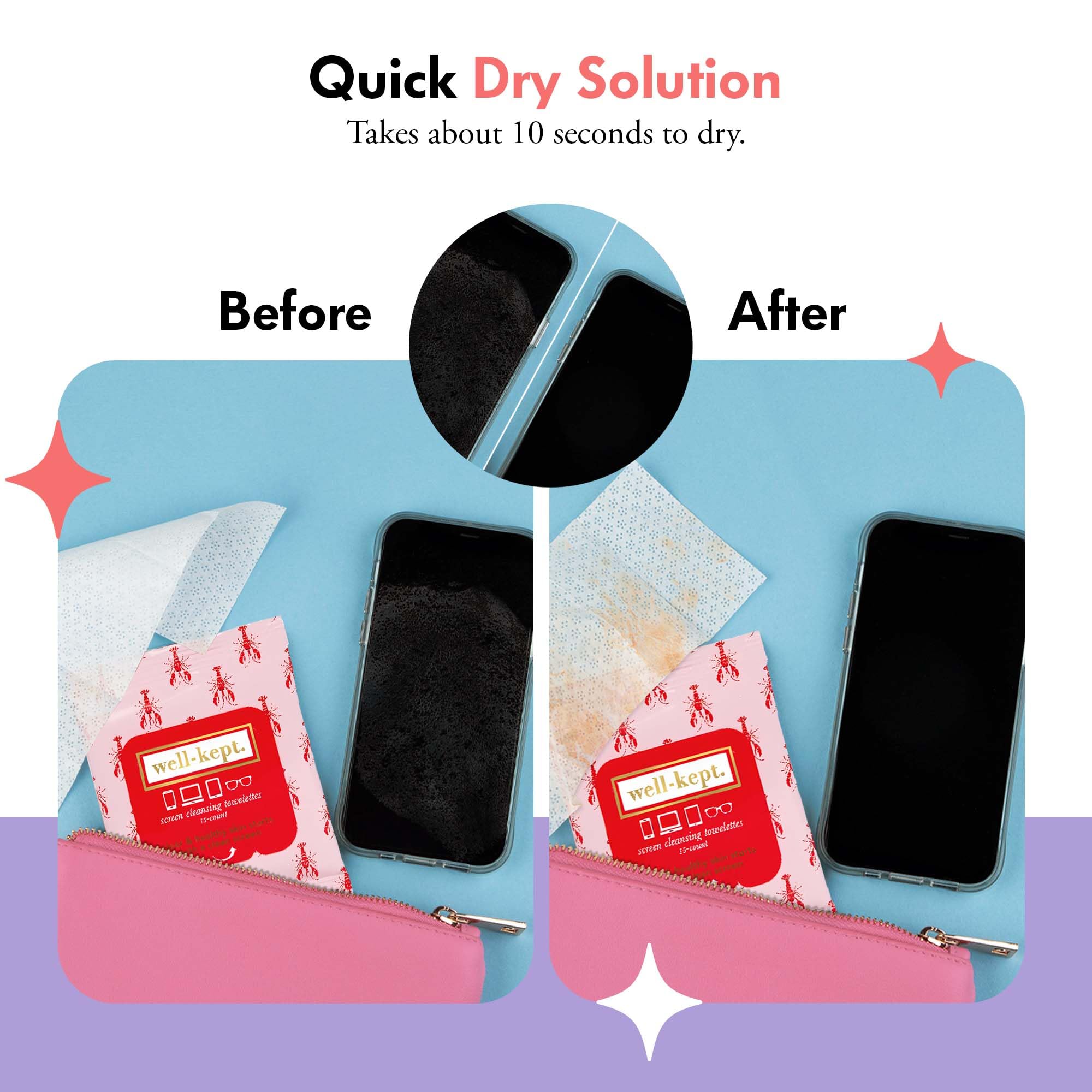 Phone screen being cleaned with Well-Kept wipe