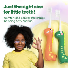 Close-up of ultra-soft 0.12mm bristles on dinosaur toothbrush