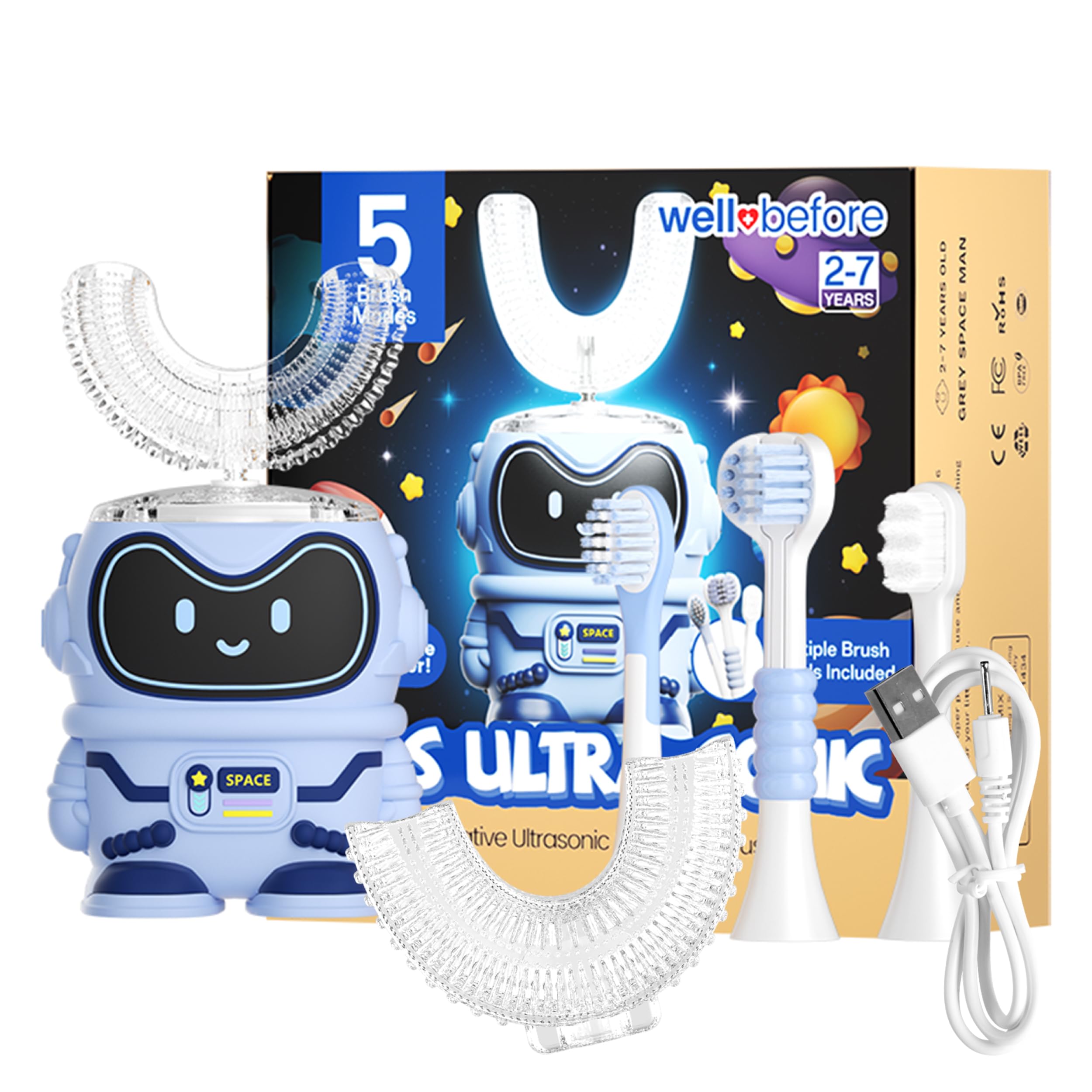 Well Before Kid's Ultrasonic U-Shaped Toothbrush Spaceman Blue front view