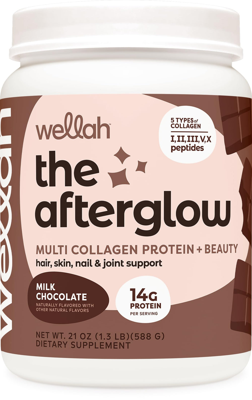 Wellah The Afterglow Multi Collagen Protein + Beauty Chocolate flavor bottle and packaging